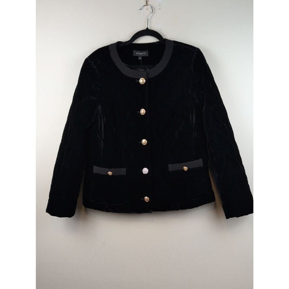 Talbots Black Quilted Velvet Collarless Blazer Lady Jacket Gold Buttons